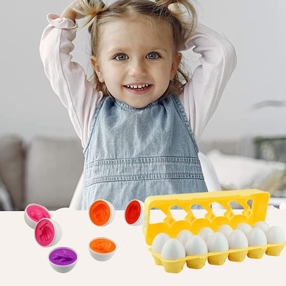 12 PCS Vehicle Car Egg Matching Toy with Holder – STEM Easter Eggs, Educational Shape & Color Puzzle, Plastic Easter Eggs, Easter Basket Stuffers, Easter Gifts for Kids & Toddlers