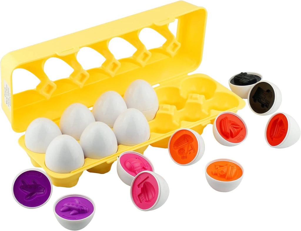 12 PCS Vehicle Car Egg Matching Toy with Holder – STEM Easter Eggs, Educational Shape & Color Puzzle, Plastic Easter Eggs, Easter Basket Stuffers, Easter Gifts for Kids & Toddlers