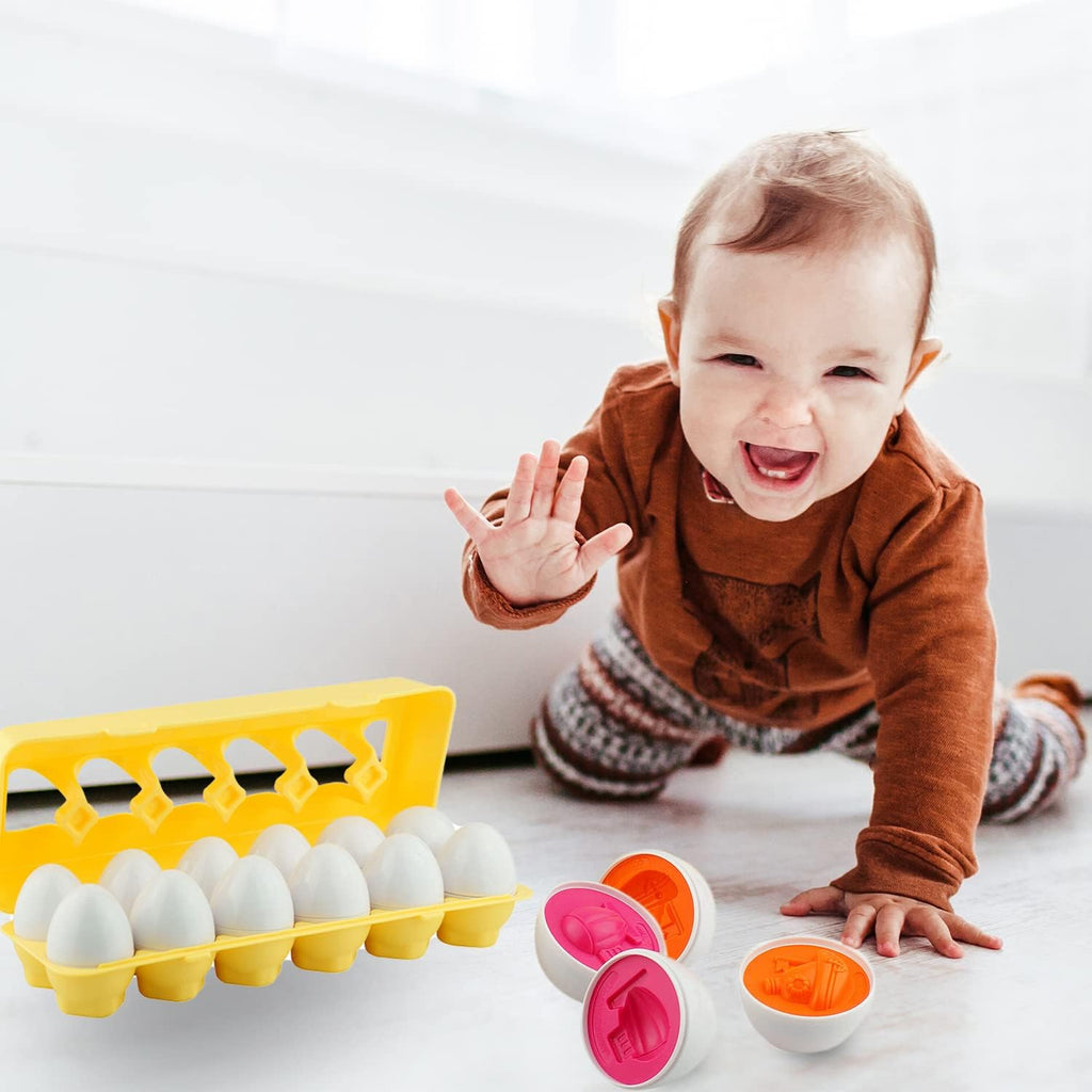 12 PCS Vehicle Car Egg Matching Toy with Holder – STEM Easter Eggs, Educational Shape & Color Puzzle, Plastic Easter Eggs, Easter Basket Stuffers, Easter Gifts for Kids & Toddlers